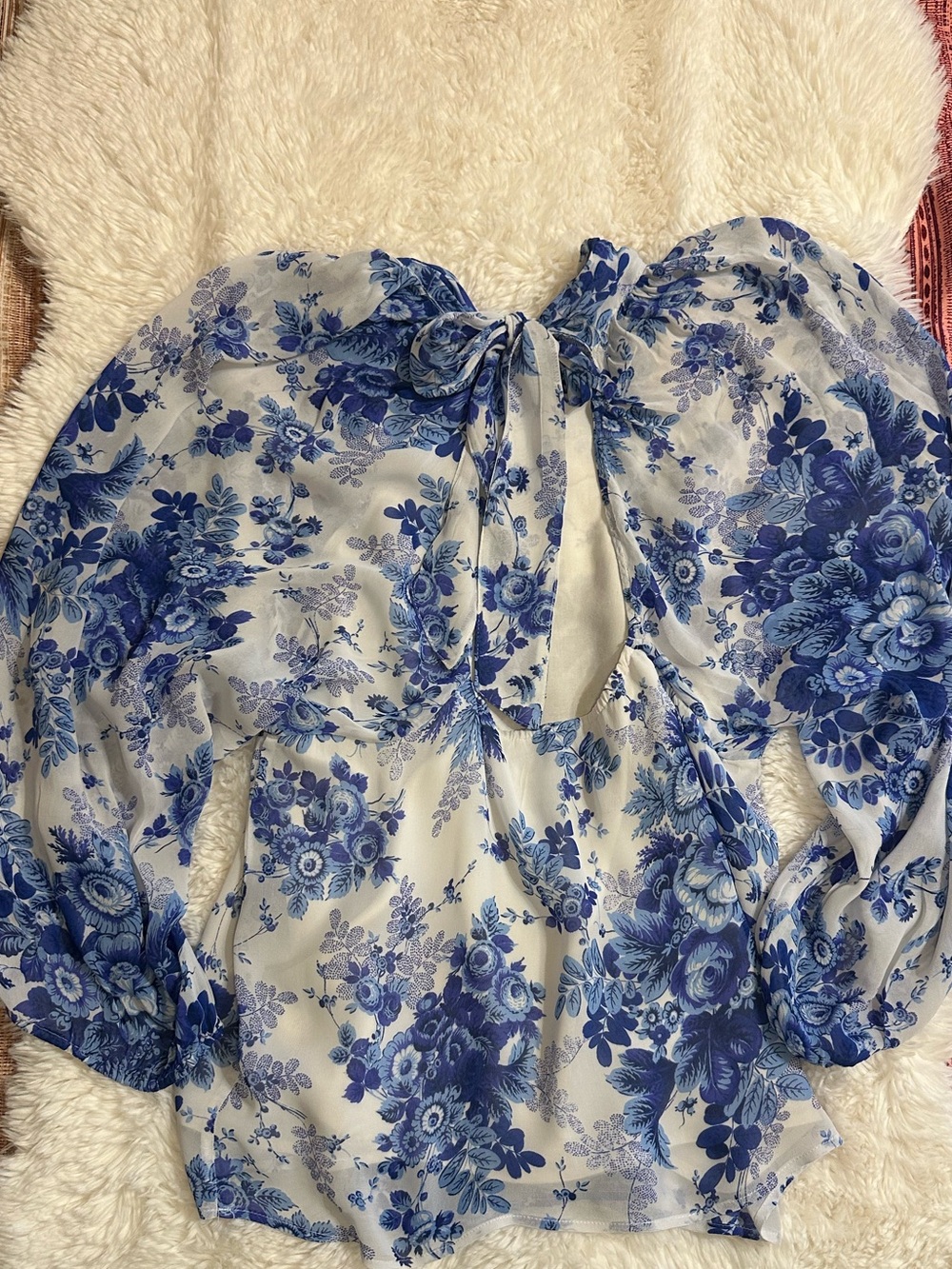 Maeve Anthropologie Blue Floral Sheer Tunic Blouse Open Back Tie Small - Picture 10 of 16